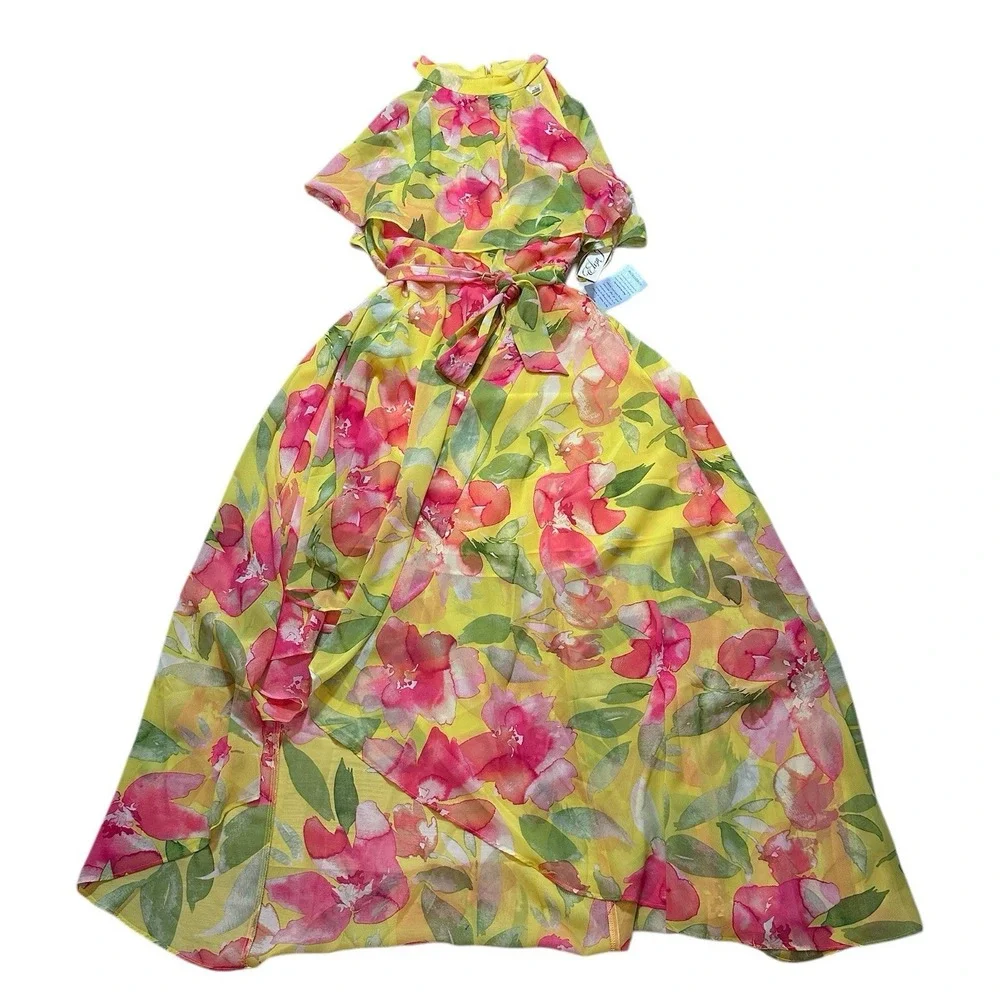 $148 Eliza J Yellow Floral Halter Neck High Low Flowy Spring Dress Sz 12 NWT - Picture 3 of 10